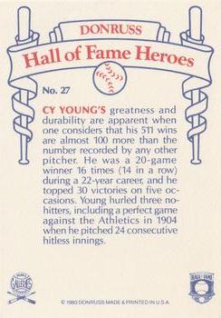1983 Donruss Hall of Fame Heroes #27 Cy Young Back