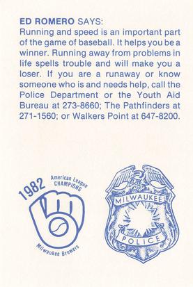 1983 Milwaukee Brewers Police #NNO Ed Romero Back