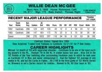 1984 Donruss #353 Willie McGee Back