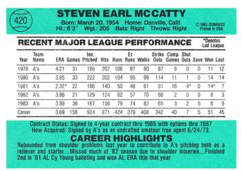 1984 Donruss #420 Steve McCatty Back