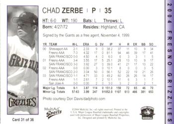 2004 MultiAd Fresno Grizzlies #31 Chad Zerbe Back