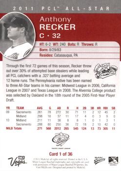 2011 MultiAd Pacific Coast League All-Stars #1 Anthony Recker Back
