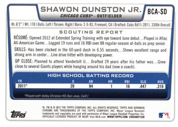 2012 Bowman Chrome - Prospects Autographs #BCA-SD Shawon Dunston Jr. Back