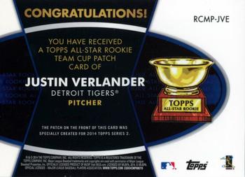 2014 Topps - All-Star Rookie Cup Manufactured Patch #RCMP-JVE Justin Verlander Back