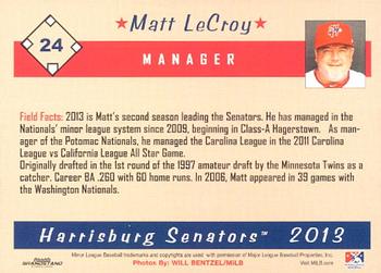 2013 Grandstand Harrisburg Senators #17 Matt LeCroy Back