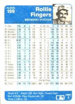 1984 Fleer #199 Rollie Fingers Back