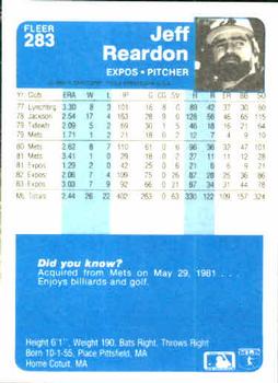 1984 Fleer #283 Jeff Reardon Back