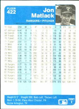 1984 Fleer #422 Jon Matlack Back