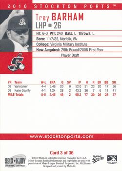 2010 MultiAd Stockton Ports #3 Trey Barham Back