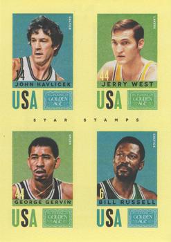 2014 Panini Golden Age - Star Stamps #14 Jerry West / John Havlicek / Bill Russell / George Gervin Front