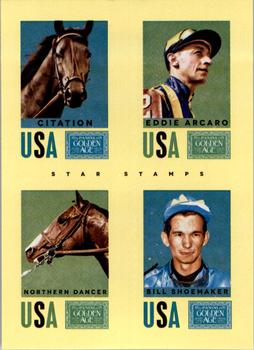 2014 Panini Golden Age - Star Stamps #17 Bill Shoemaker / Eddie Arcaro / Northern Dancer / Citation Front