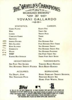 2011 Topps Allen & Ginter - Glossy #287 Yovani Gallardo Back