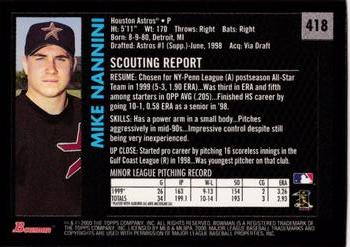 2000 Bowman - Retro/Future #418 Mike Nannini Back