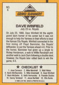 1989 Donruss - Grand Slammers #6 Dave Winfield Back