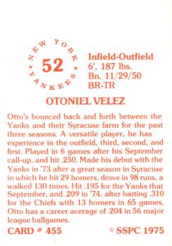 1976 SSPC #455 Otto Velez Back