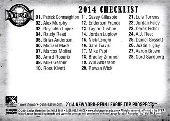 2014 Choice New York-Penn League Top Prospects #NNO1 Checklist Back