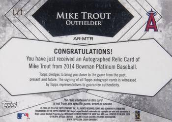 2014 Bowman Platinum - Relic Autographs Printing Plates Yellow #AR-MTR Mike Trout Back