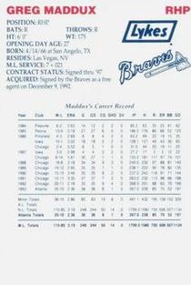 1994 Lykes Atlanta Braves Perforated #NNO Greg Maddux Back