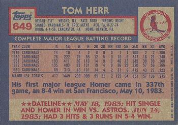 1984 Topps #649 Tom Herr Back