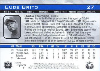 2002 MultiAd Lakewood BlueClaws #3 Eude Brito Back