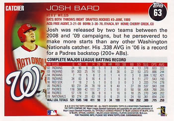 2010 Topps #63 Josh Bard Back