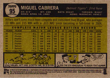 2010 Topps Heritage #95 Miguel Cabrera Back