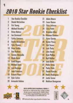 2010 Upper Deck #1 Star Rookie Checklist Back