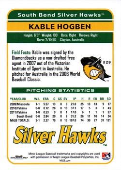 2012 Grandstand South Bend Silver Hawks #13 Kable Hogben Back