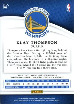 2014-15 Panini Immaculate Collection #90 Klay Thompson Back