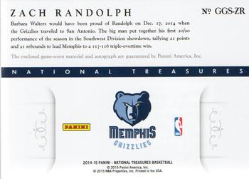 2014-15 Panini National Treasures - NBA Game Gear Signatures #GGS-ZR Zach Randolph Back