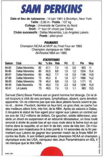 1991-93 5 Majeur Magazine France #NNO Sam Perkins Back