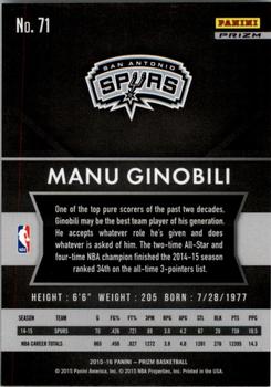 2015-16 Panini Prizm - Orange Wave Prizms #71 Manu Ginobili Back