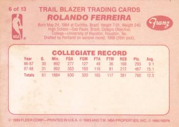 1988-89 Fleer Franz Portland Trail Blazers #6 Rolando Ferreira Back