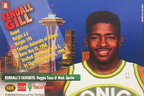 1993-94 Taco Time Seattle SuperSonics #8 Kendall Gill Back