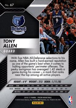 2016-17 Panini Prizm #67 Tony Allen Back