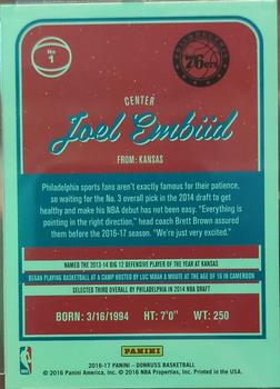 2016-17 Donruss - Purple Holo Laser #1 Joel Embiid Back