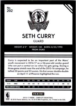 2016-17 Panini Complete #202 Seth Curry Back