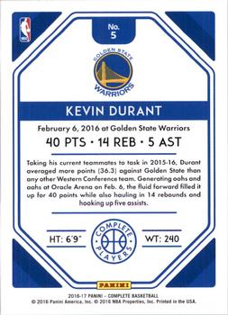 2016-17 Panini Complete - Complete Players #5 Kevin Durant Back