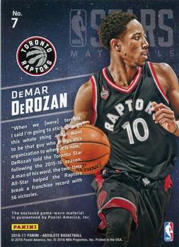 2016-17 Panini Absolute - NBA Stars Materials Prime #7 DeMar DeRozan Back