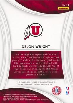 2016-17 Panini Immaculate Collection Collegiate - Numbers Memorabilia Prime #31 Delon Wright Back