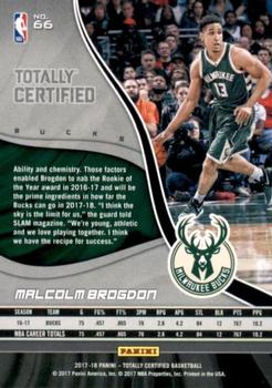 2017-18 Panini Totally Certified - Blue #66 Malcolm Brogdon Back