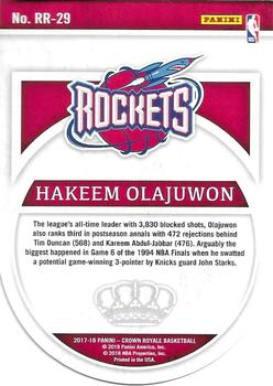 2017-18 Panini Crown Royale - Roundball Royalty Red #RR-29 Hakeem Olajuwon Back