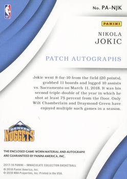 2017-18 Panini Immaculate Collection - Patch Autographs #PA-NJK Nikola Jokic Back