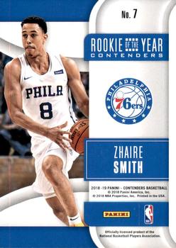 2018-19 Panini Contenders - Rookie of the Year Contenders #7 Zhaire Smith Back