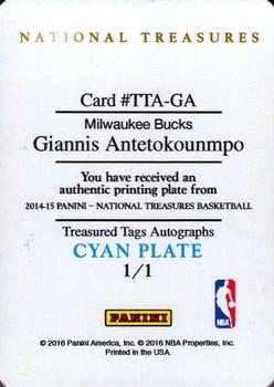 2014-15 Panini National Treasures - Treasured Tags Autographs - Printing Plate Cyan #1 Giannis Antetokounmpo Back