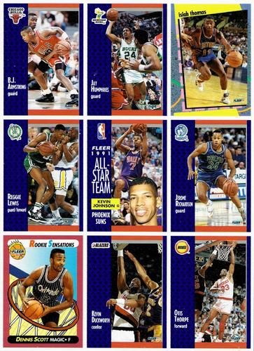 1991-92 Fleer Wheaties - 9-card Collector Sheets #5 B.J. Armstrong / Jay Humphries / Isiah Thomas / Reggie Lewis / Kevin Johnson / Jerome Richardson / Dennis Scott / Kevin Duckworth / Otis Thorpe Front