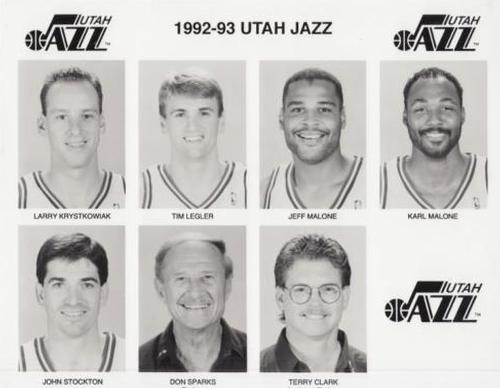 1992-93 Utah Jazz 8x10 #NNO Larry Krystkowiak / Tim Legler / Jeff Malone / Karl Malone / John Stockton / Don Sparks / Terry Clark Front