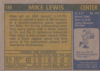 1971-72 Topps #189 Mike Lewis Back