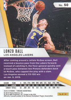 2018-19 Panini Threads - Premium #50 Lonzo Ball Back