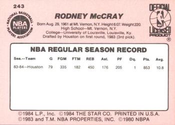 1984-85 Star #243 Rodney McCray Back